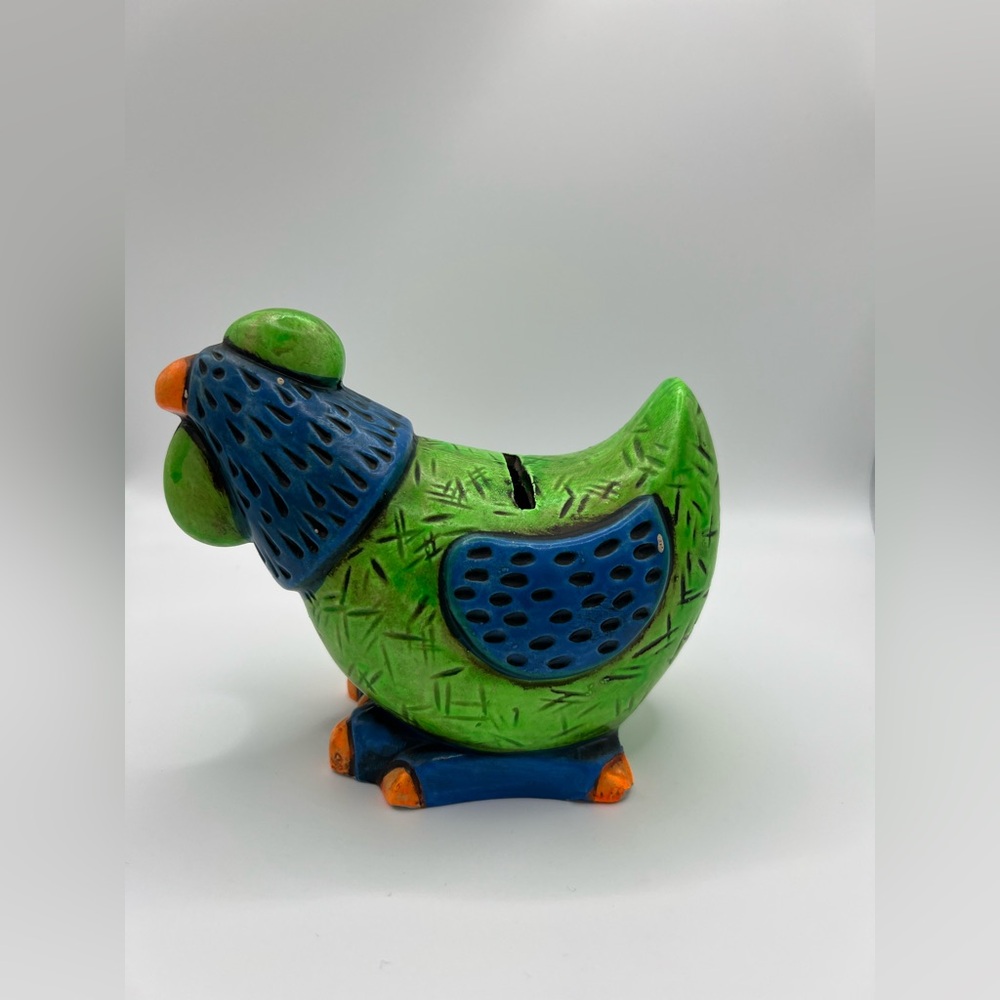Colorful Green & Orange Chicken Hen Slot Coin Piggy Bank Figurine Collectible - Picture 7 of 16